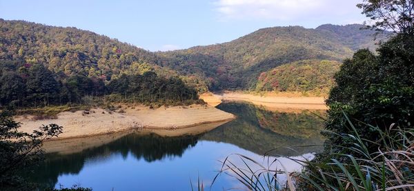 Scenic view of lake by mountains against sky