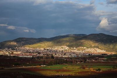 High angle view of townscape against sky