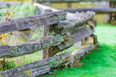 Stack of wooden logs on field