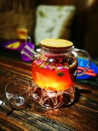 Close-up of drink served on table