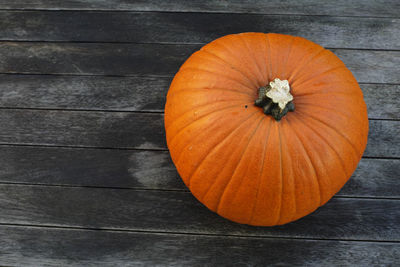 Close-up of pumpkin on wooden floor during autumn