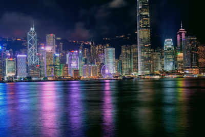 Illuminated city by river against sky at night