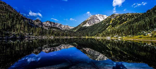 Scenic view of lake and mountains against blue sky