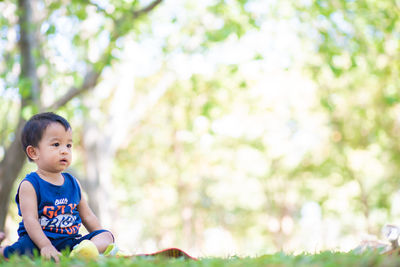 Cute baby boy looking away while sitting on land