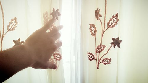 Close-up of hand holding flowers at home