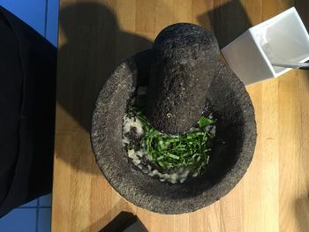 High angle view of vegetables in plate on table