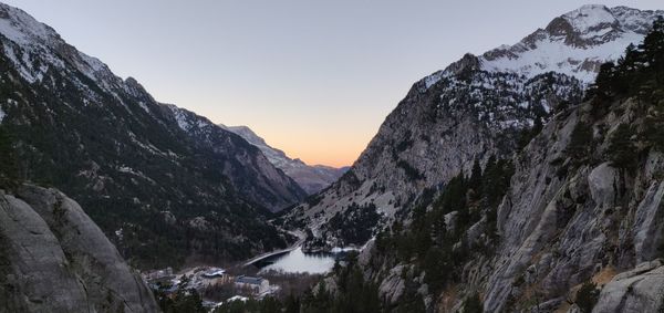 Scenic view of mountains against sky during sunset