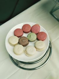 High angle view of macaroons in plate