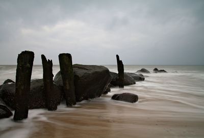 Rocks and wooden posts at beach