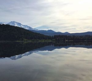 Reflection of mountains in river against cloudy sky