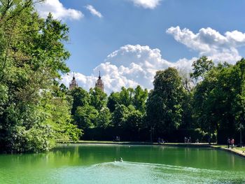 Scenic view of lake by trees against sky