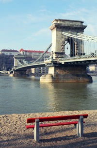 Szechenyi chain bridge over river against sky