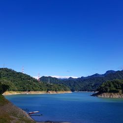 Scenic view of lake against clear blue sky