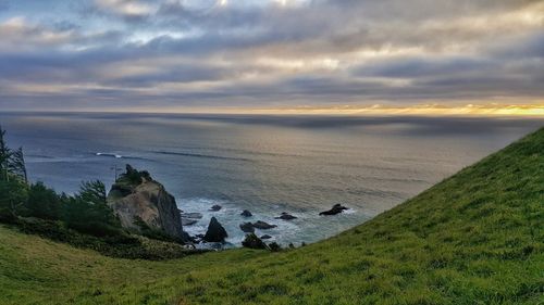 Scenic view of sea against cloudy sky