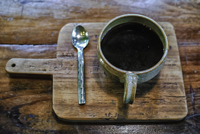 High angle view of tea in bowl on table