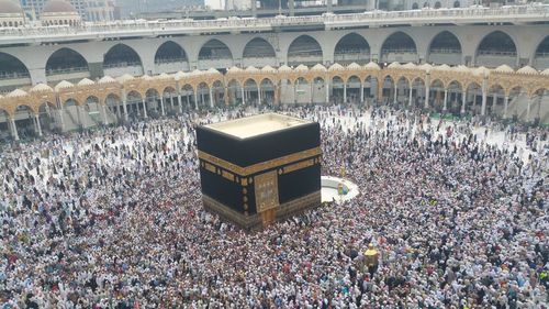 High angle view of people in front of building