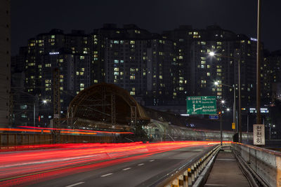 Light trails on road at night