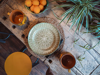 High angle view of breakfast on table