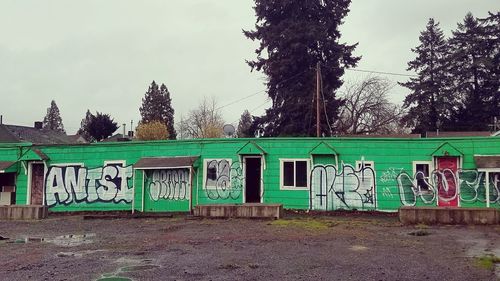 Graffiti on wall by trees against sky