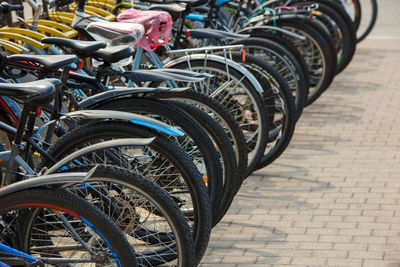 A row of many bicycles at public outdoor bicycle parking under summer daylight.