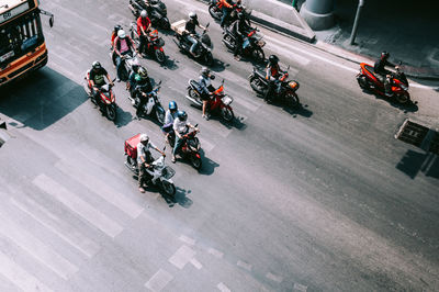 High angle view of people on road