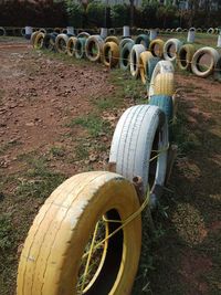 Close-up of tire on field