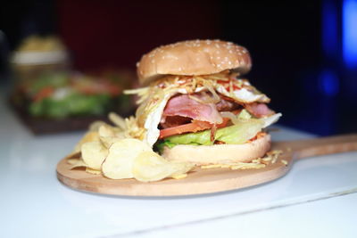 Close-up of burger in plate on table