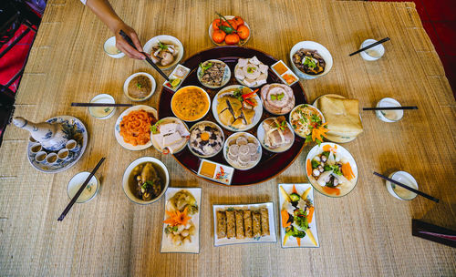 High angle view of meal served on table