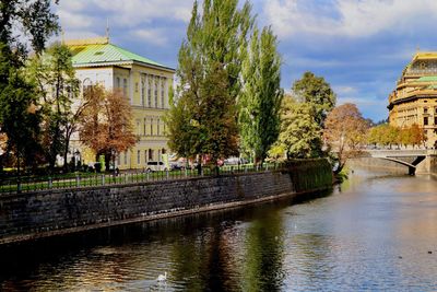 Arch bridge over river against buildings