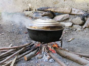 High angle view of meat on barbecue grill