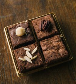 High angle view of chocolate cake on table