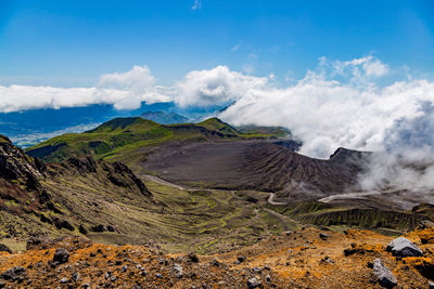 Smoke emitting from volcanic mountain against sky