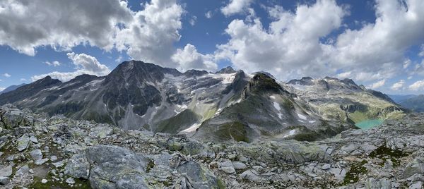 Panoramic view of snowcapped mountains against sky