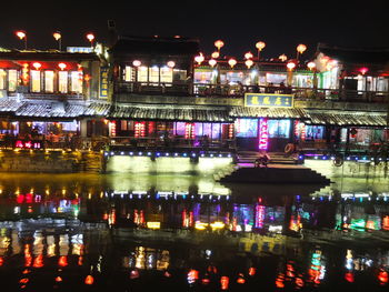 Reflection of illuminated buildings in water