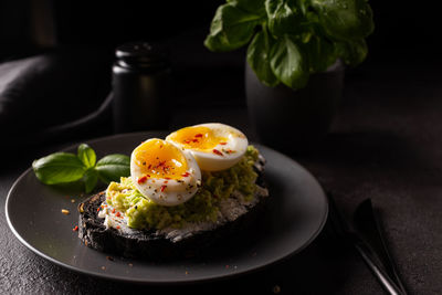 Breakfast with avocado toast with eggs on a plate