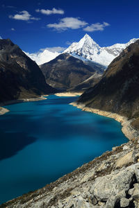 Scenic view of lake and mountains against sky 
