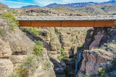 Bridge over river against mountains