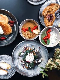 High angle view of food served on table