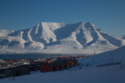 Scenic view of snowcapped mountains against clear blue sky