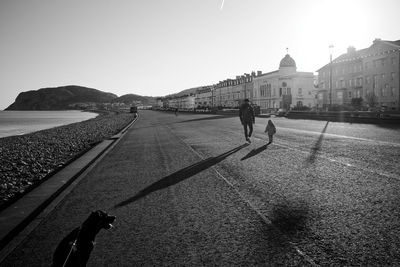 People walking on street in city against clear sky