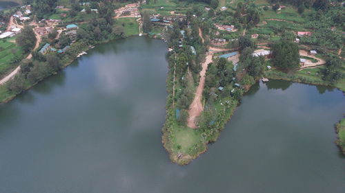 High angle view of lake against sky