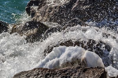 High angle view of waves splashing in sea