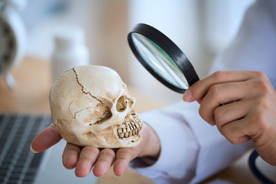 Cropped hands of scientist examining human skull through magnifying glass