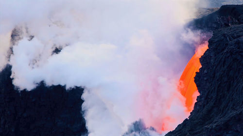 Lava flow on active volcano aerial view, mount fagradalsfjall, iceland.