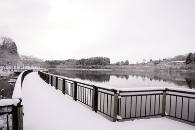 Scenic view of lake against sky during winter