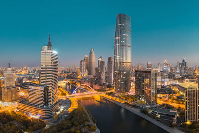 Urban night cityscape, sunset aerial shot of tianjin city