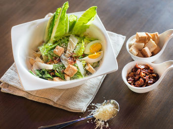 High angle view of food served on table