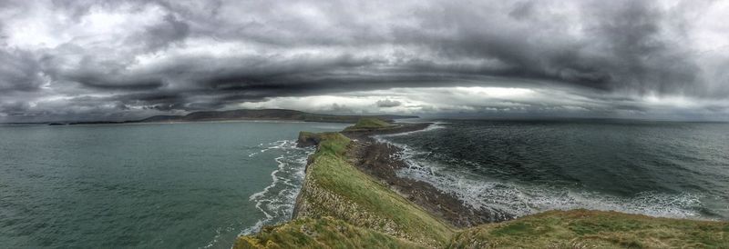 Scenic view of sea against storm clouds