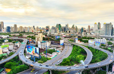 High angle view of elevated bridge against sky in city