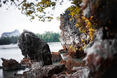 Scenic view of rocks by sea against sky